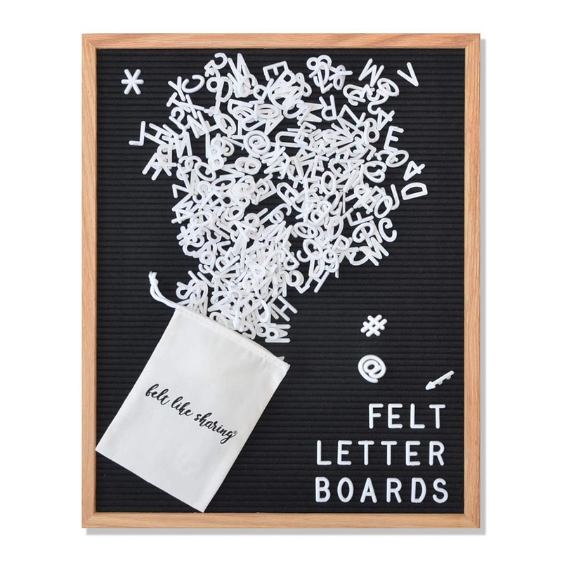 Felt Like Sharing Black Felt Letter Board 16x20 Inches, Changeable Letter Board Plus 348 White Plastic Letters, Warm Oak Frame Wooden Letter Board w/Sawtooth Wall Hanger + Drawstring Pouch For Letterboard Letters - Image 1